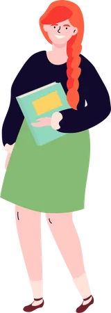 Écolière dans une jupe verte et un haut noir tenant son cahier  Illustration