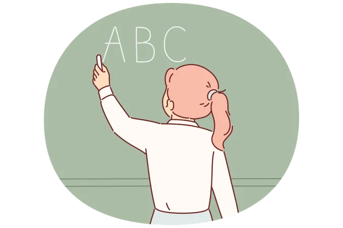 Une écolière écrit des lettres de l'alphabet sur un tableau  Illustration