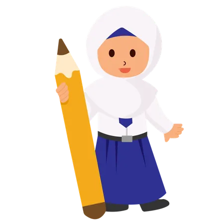 Une écolière portant un hijab tient un crayon  Illustration