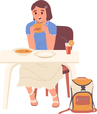 Une écolière refusant la soupe, des aliments sains, choisissant un hamburger, une collation malsaine  Illustration