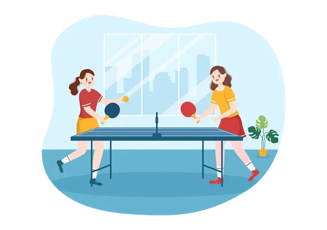 Écolières jouant au tennis de table  Illustration