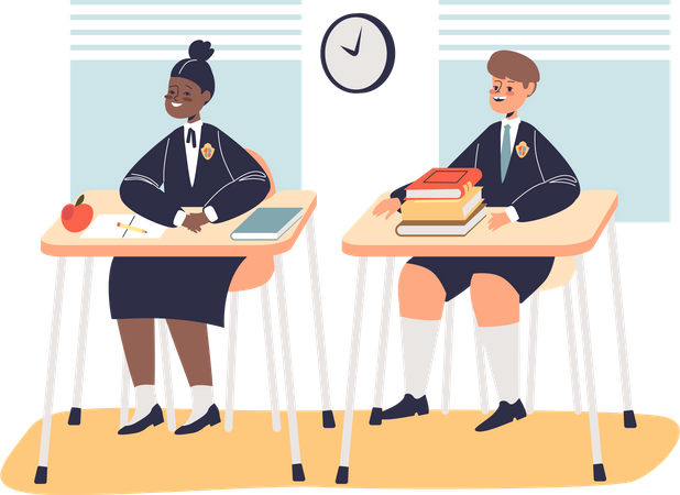 Des écoliers en uniforme assis au bureau de l'école en classe à la leçon  Illustration