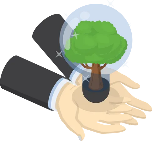 Flat 3 D Isometric Businessman Hands Holding Eco Friendly Light Bulb With Tree Inside Clean And Renewable Energy Illustration