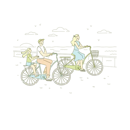 Family Having Bike Ride Near Shore Of Sea Ocean Ecologically Friendly Transportation Fun Weekend Activity Banner Modern Eco City Cartoon Concept Sketch Flat Vector Illustration Illustration