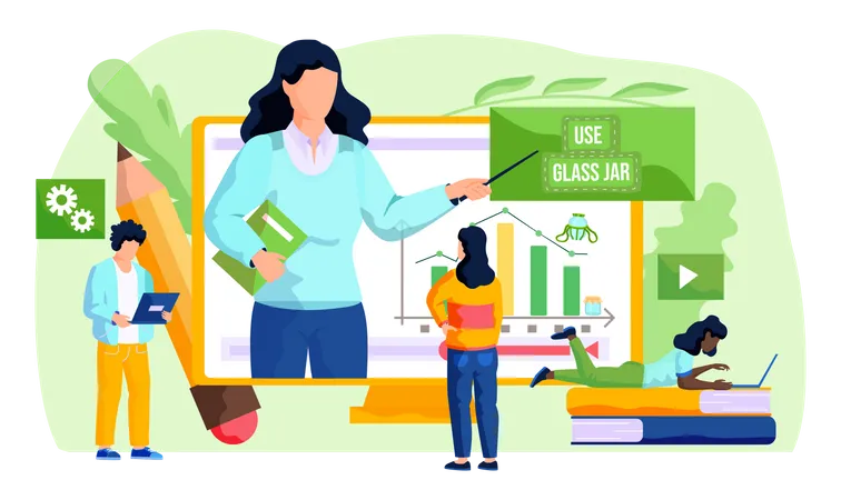 Online Lesson In Ecology Video About The Benefits Of Using Glass Jars In Everyday Life Environmentally Friendly Containers Girl Looks At Screen With Teacher Explaining New Topic About Environment 일러스트레이션