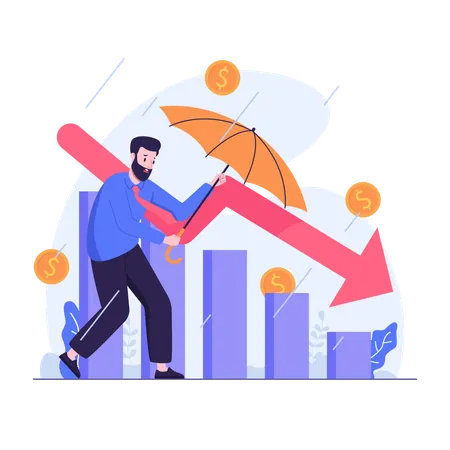 Illustration Of Businessman Uses An Umbrella To Withstand The Rainstorm Of Financial Loss Illustration