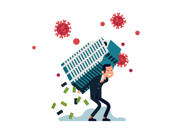 Economic crisis caused by coronavirus with businessman struggling to hold huge office building with money falling  Illustration