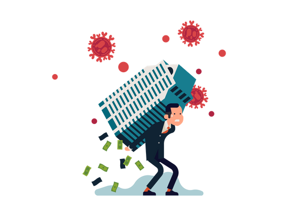 Economic crisis caused by coronavirus with businessman struggling to hold huge office building with money falling  Illustration