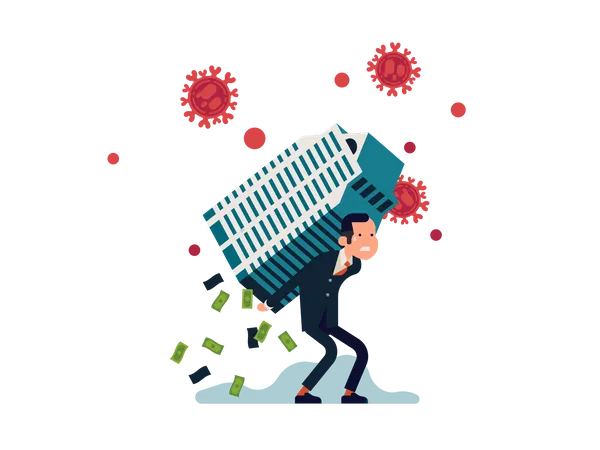 Economic crisis caused by coronavirus with businessman struggling to hold huge office building with money falling Illustration