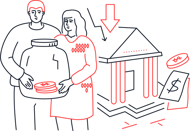 Economic crisis man and woman holding a jar of a piggy bank standing against bank building  Illustration