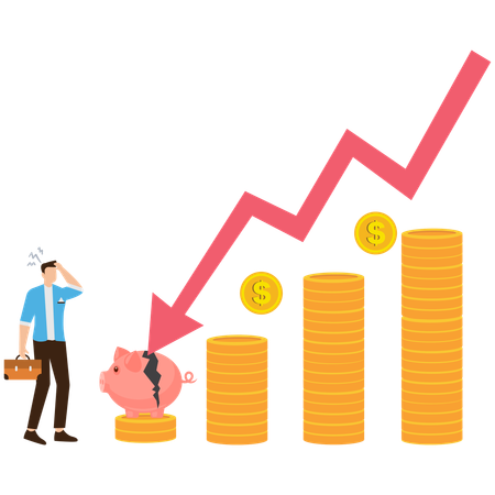 Economic recession with piggy bank and falling coins  Illustration