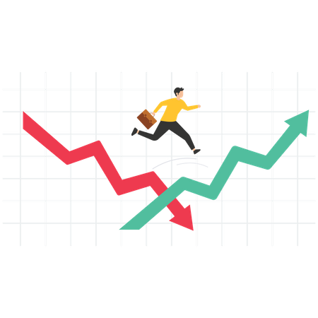 Economic volatility, Recovering from the stock market crisis, adapt, deal with the stock market downturn or Bear Market, businessman jumping from red to rising up arrow  Illustration