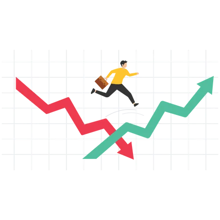 Economic volatility, Recovering from the stock market crisis, adapt, deal with the stock market downturn or Bear Market, businessman jumping from red to rising up arrow  Illustration