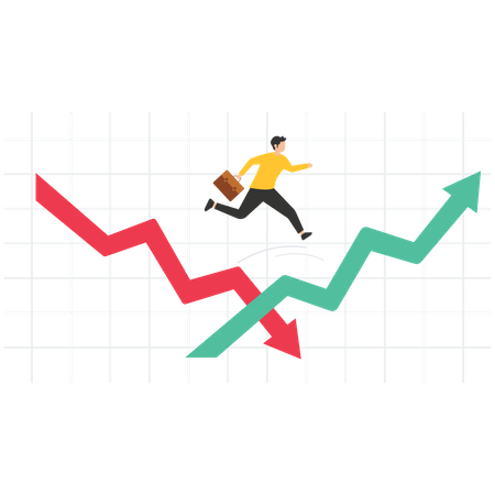 Economic volatility, Recovering from the stock market crisis, adapt, deal with the stock market downturn or Bear Market, businessman jumping from red to rising up arrow Illustration