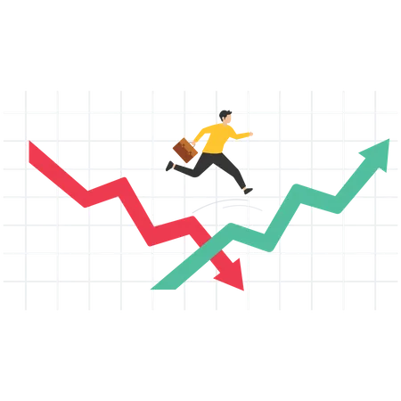 Economic volatility, Recovering from the stock market crisis, adapt, deal with the stock market downturn or Bear Market, businessman jumping from red to rising up arrow Illustration