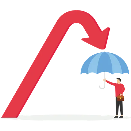 Protection Or Defensive Stock In Economy Crisis Or Market Crash Businessman Holding Umbrella To Cover And Protect From Downturn Arrow Illustration