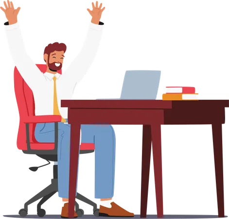 Ecstatic Businessman Character Celebrates Success Sitting At Desk Near Laptop Symbolizing Achievement Innovation And Prosperity In The Corporate World Cartoon People Vector Illustration Illustration
