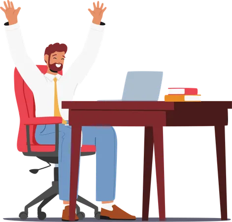 Ecstatic Businessman celebrates success sitting at desk near laptop  Illustration