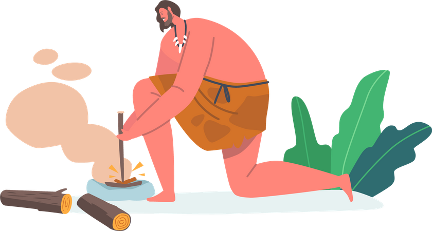 El hombre de la prehistoria enciende un fuego con herramientas  Ilustración