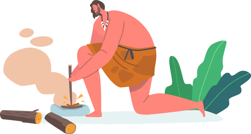 El hombre de la prehistoria enciende un fuego con herramientas  Ilustración
