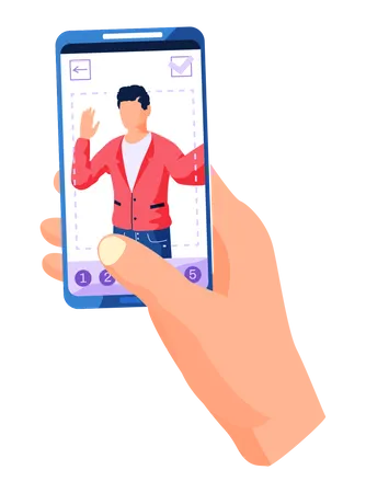 Mao Segurando O Telefone Celular Com Filtros Para Moldura De Interface De Tela Selfie Em Aplicativo De Midia Social Com Homem Acenando Com A Mao Modelo De Postagem De Aplicativo De Design De Selfie Programa De Fotos Na Tela Do Smartphone Ilustração