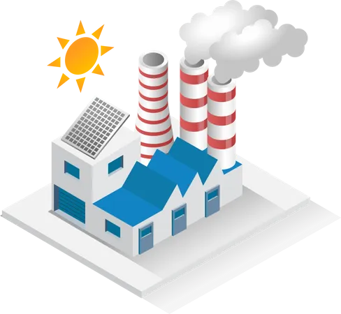 Edificio industrial con chimenea equipada con paneles de energía solar.  Ilustración