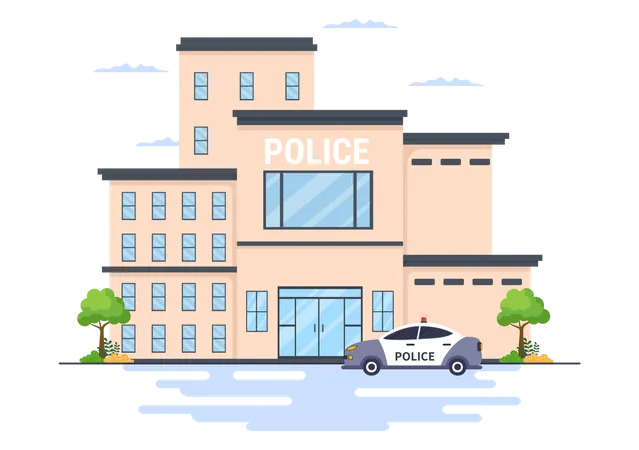 Edificio Del Departamento De La Estacion De Policia Con Policia Y Coche De Policia En Ilustracion De Fondo De Estilo Plano Ilustración
