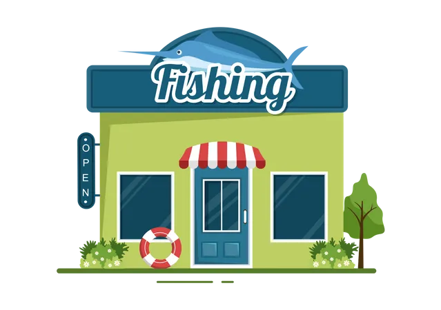 Loja De Pesca Que Vende Varios Equipamentos De Pesca Iscas Acessorios De Captura De Peixes Ou Itens Em Ilustracao De Modelos Desenhados A Mao De Desenhos Animados Planos Ilustração