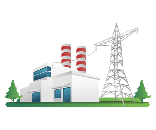 Prédio de fábrica com postes de eletricidade  Illustration