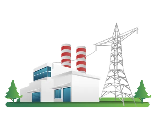 Prédio de fábrica com postes de eletricidade  Illustration