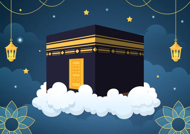 Hajj O Umrah Mabroor Ilustracion De Dibujos Animados Con Makkah Kaaba Adecuada Para Plantillas De Fondo Poster O Pagina De Inicio Ilustración