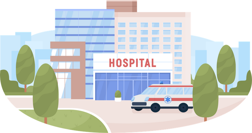 Prédio do hospital e ambulância  Ilustração