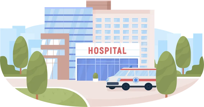 Prédio do hospital e ambulância  Ilustração