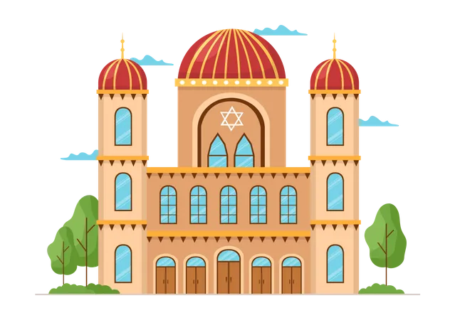Edificio De Sinagoga O Templo Judio Con Lugar De Culto Religioso Hebreo O Judaismo Y Judio En Plantilla Ilustracion Plana De Dibujos Animados Dibujados A Mano Ilustración