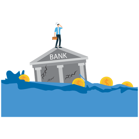 Edificio bancario en crisis financiera  Ilustración