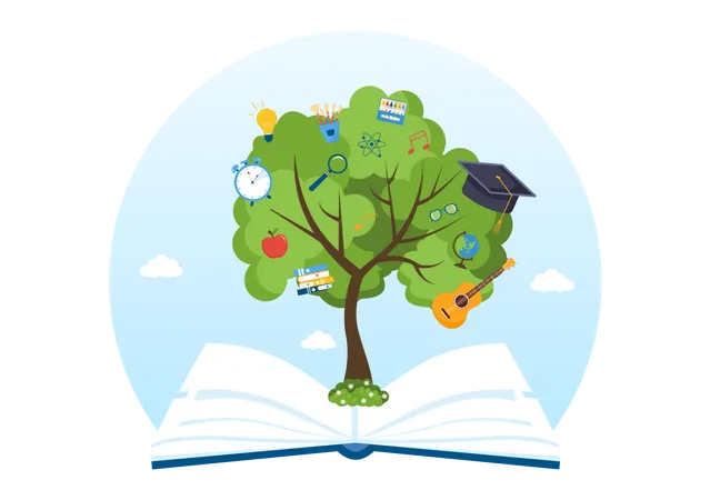 El árbol educativo crece a través del libro.  Ilustración