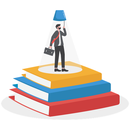 Educated man stand on books staking turn on light bulb on his head  Illustration