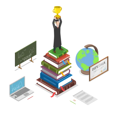Education Isometric Flat Vector Concept Student With Winner Cup Stay On The Stack Of Books Surrounded By Education Symbols Online Education E Learning Tutorial Training Courses Graduation Illustration