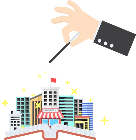 Businessman Hand Use Magical To Build City From Opened Book Creativity Education Knowledge Concept VECTOR EPS 10 Illustration