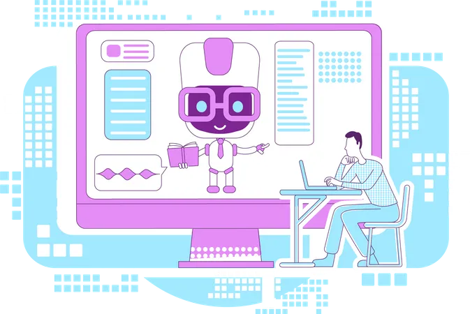 Education Assistant Bot Thin Line Concept Vector Illustration Remote Lesson Website Chatbot Robot Development Course Student 2 D Cartoon Character For Web Design E Learning Technology Creative Idea Illustration