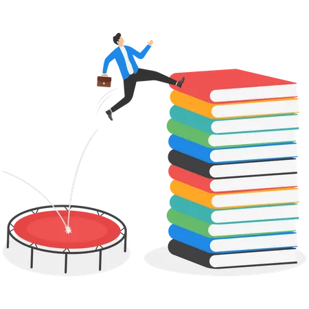 Education Or Knowledge Challenge To Read Books Or Study New Skill Wisdom Or Intelligence For Career Opportunity Concept Smart Businessman Jump Over High Books Stack Illustration