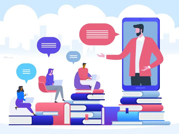 Éducation et diplôme en ligne. Professeur en ligne sur écran d'ordinateur ou écran de smartphone. Concept vectoriel d'apprentissage de webinaire et de séminaire vidéo.  Illustration