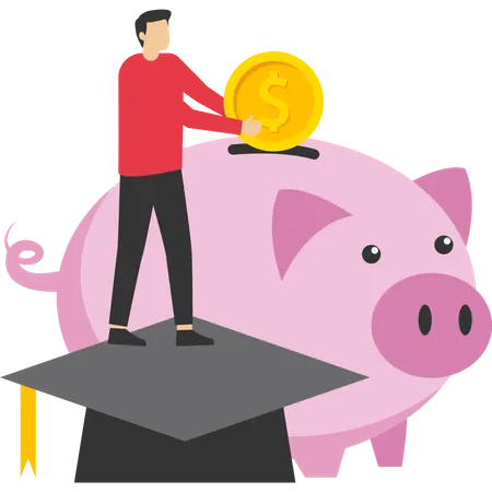 Education Fund Concept Costs And Expenses In The Book Course Study Savings For Degree And Graduation Concept Young Student Climbing Ladder To Reach Piggy Bank Wearing A University Graduation Cap Illustration
