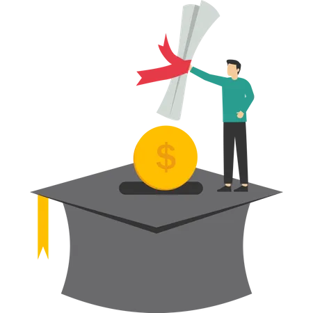 Young Man With Money Coins Into Mortarboard Saving Box Holding Degree Scroll Education Fund For College Study Fee Or Training Cost Concept Savings For School Or University Tuition Fee Illustration