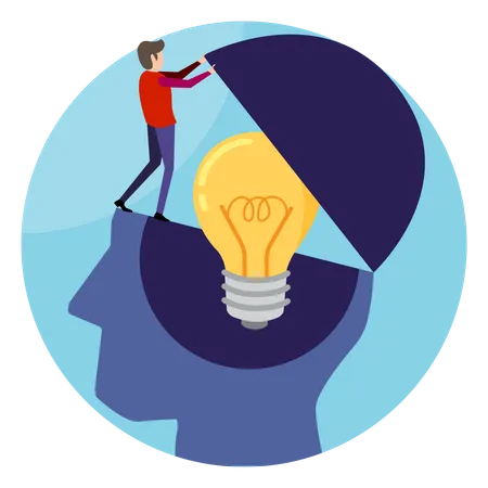 Man Help Open The Brain With A Light Bulb On Blue Background Creativity And Innovation Symbol Ideas For Business Success Vector Illustration In Flat Design Illustration