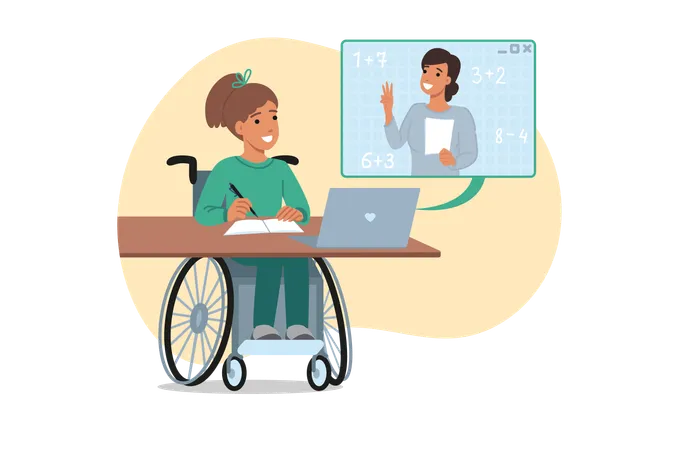 Éducation inclusive pour une adolescente assise dans un fauteuil roulant pendant un cours de mathématiques en ligne  Illustration