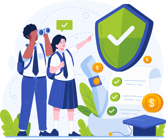 Education Insurance for Children Education With Two Students in School Uniforms  Illustration