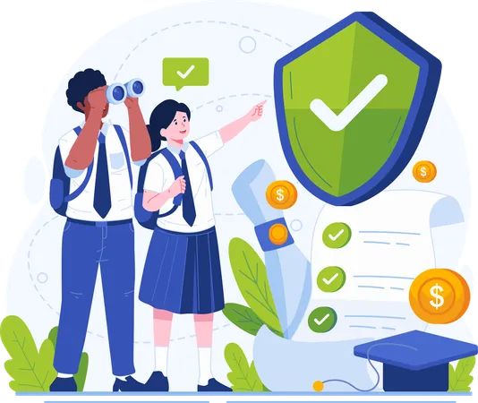 Education Insurance Concept Illustration Insurance For Children Education With Two Students In School Uniforms 일러스트레이션