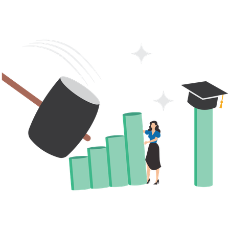 Education insurance with woman drives in concrete nails to protect graduation cap from beam that will hit it  Illustration