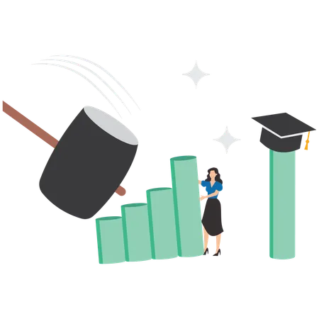 Education insurance with woman drives in concrete nails to protect graduation cap from beam that will hit it  Illustration